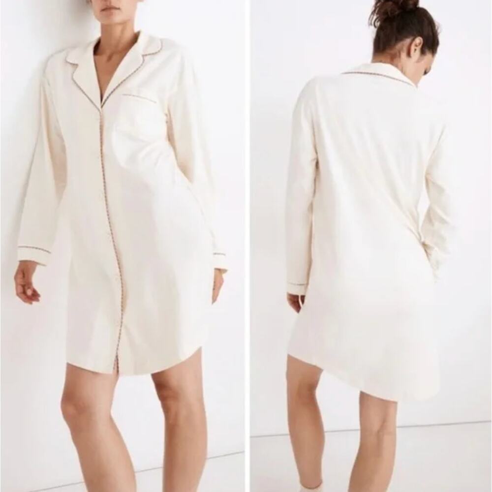 MADEWELL Women's Knit Bedtime Pajama Dress in cream with piped trim Extra Large